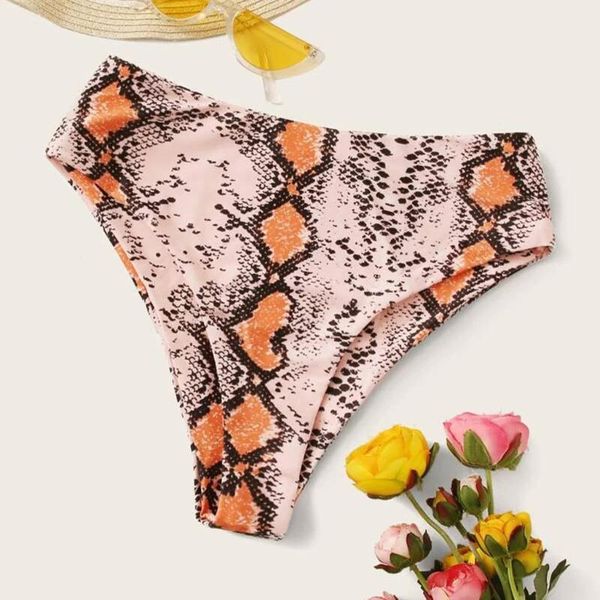 

orange summer women's thong swim trunks high waist ruched bikini bottoms tummy control swimsuit briefs pants snake pattern two-piece su