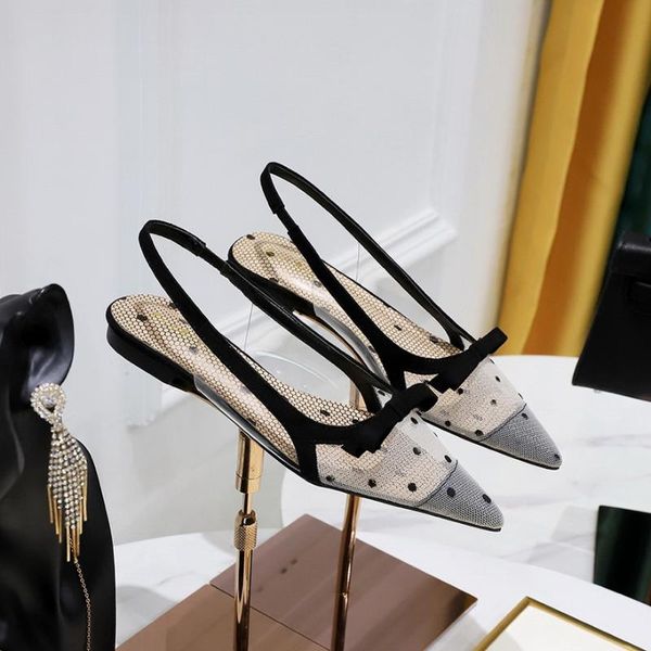 

sandals ladies muller shoes spring and summer bow mesh flat all-match pointed toe hollow lace strap slippers, Black