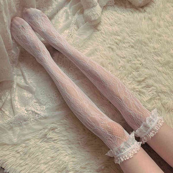 

lolita long tube white lace mesh female over-knee high-tube thigh middle-tube calf socks thin section student jk black and white y1119, Black;white