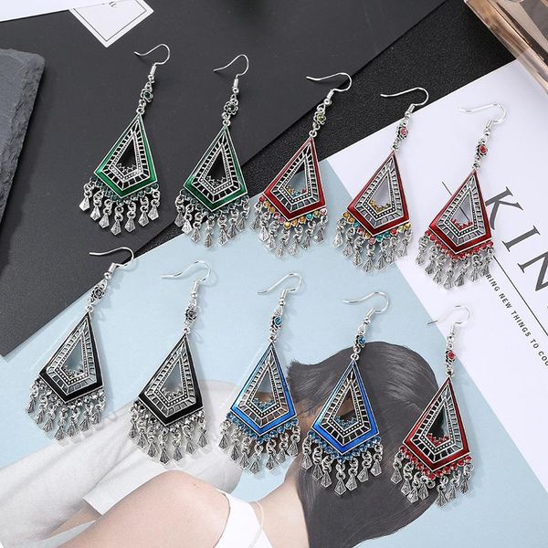 

stud retro multi-layer geometric rhombus gemstone inlaid chinese style ethnic fashion earrings female long tassel jewelry wholesale, Golden;silver