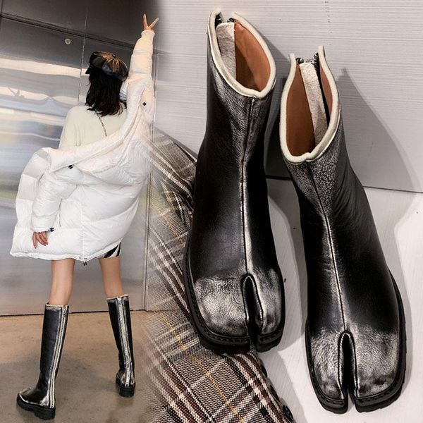 

boots autumn fashion split toe women chunky high heels patent leather botas mujer 2021 brand design winter shoes, Black