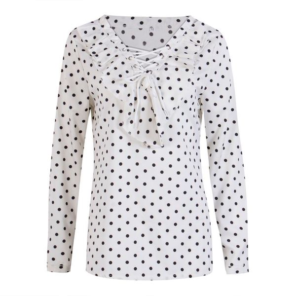 

women's blouses & shirts ladies summer loose long sleeve dot print shirt casual blouse fashion women dots bandage v-neck ruched, White