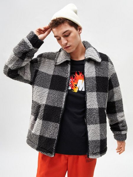 

men gingham print flannel jacket h8up#, Black;brown