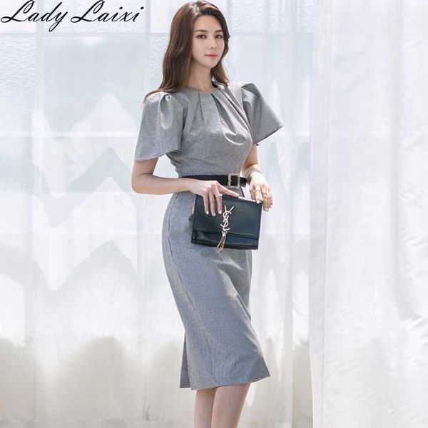 

elegant slim plaid pencil dress summer women short sleeve office lady wearo to work bodycon sheath dresses with sashes 210529, Black;gray