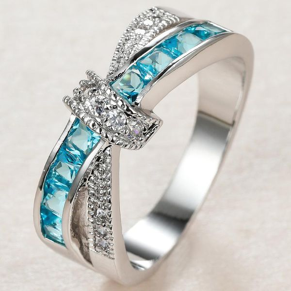 

wedding rings vintage female aqua blue crystal ring charm silver color for women cute bride bowknot zircon engagement, Slivery;golden