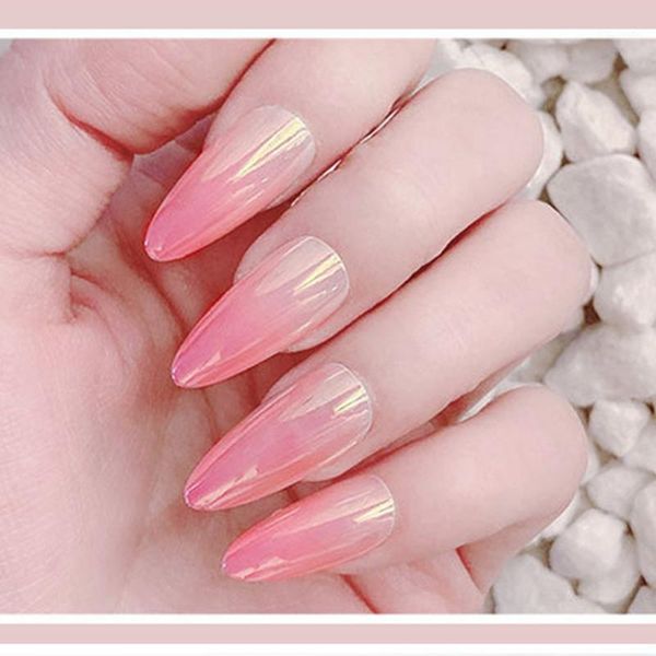 

24pcs/set gradient false nails aurora mirror design full cover nail tips coffin fake long stiletto press on finished1, Red;gold