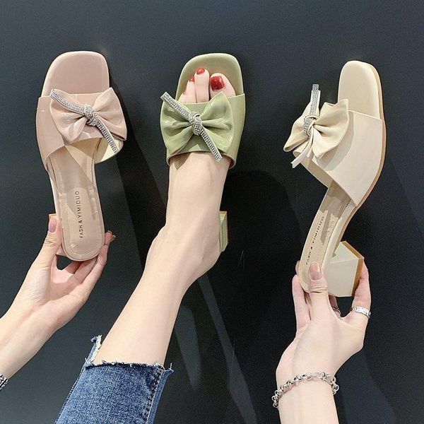 

bow knot women shoes woman slippers summer square mid heels crystal bling shine slides ladies mules plus size, Black