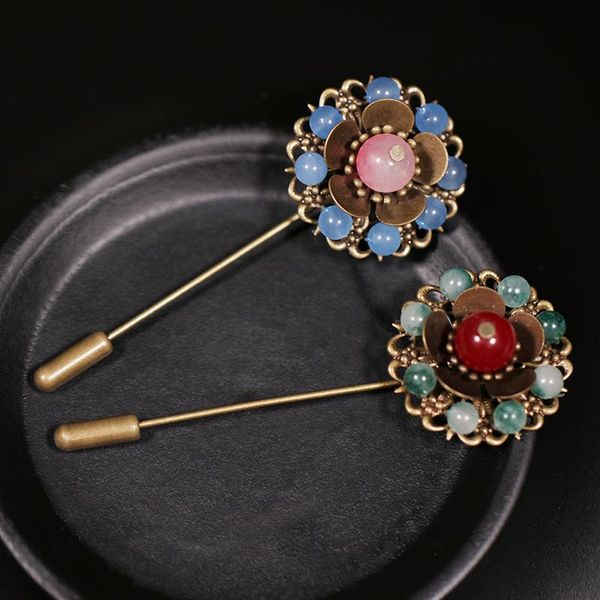 

pins, brooches sweater brooch vintage stone flower corsage long needle pin hijab pins for women shawl shirt collar accessories, Gray