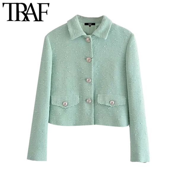 

women fashion metal buttons cropped tweed jacket coat vintage long sleeve flap pockets female outerwear chic 210507, Black;brown