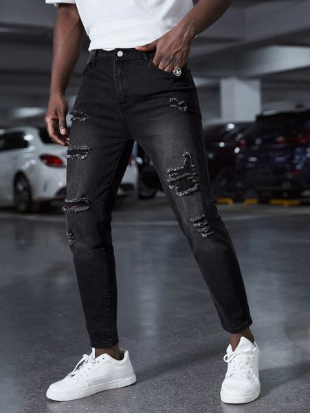 

men bleach wash ripped carrot jeans 57sc#, Blue