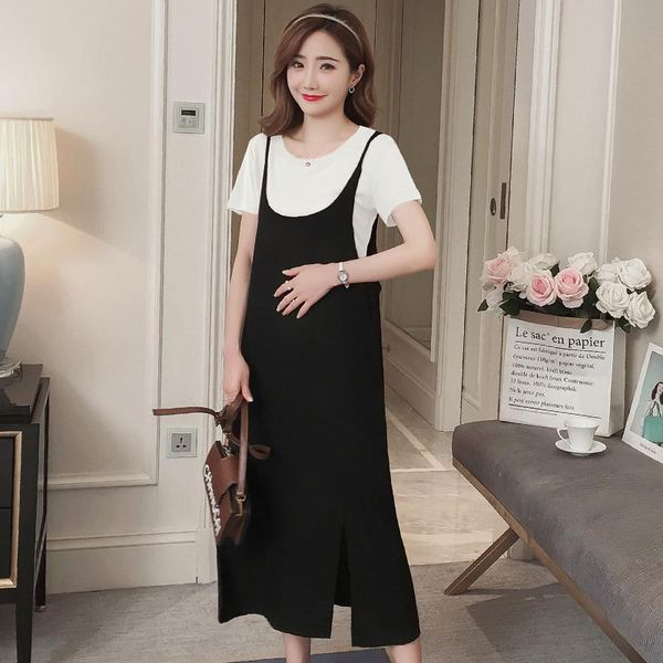 

maternity dresses summer cotton tees + sling sundress sets sweet casual suits clothes for pregnant women splits pregnancy dress, White