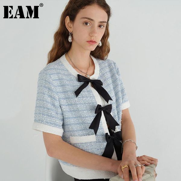 

women's knits & tees [eam] knitting cardigan blue bow slim sweater loose fit round neck short sleeve women fashion spring summer 2021 1, White