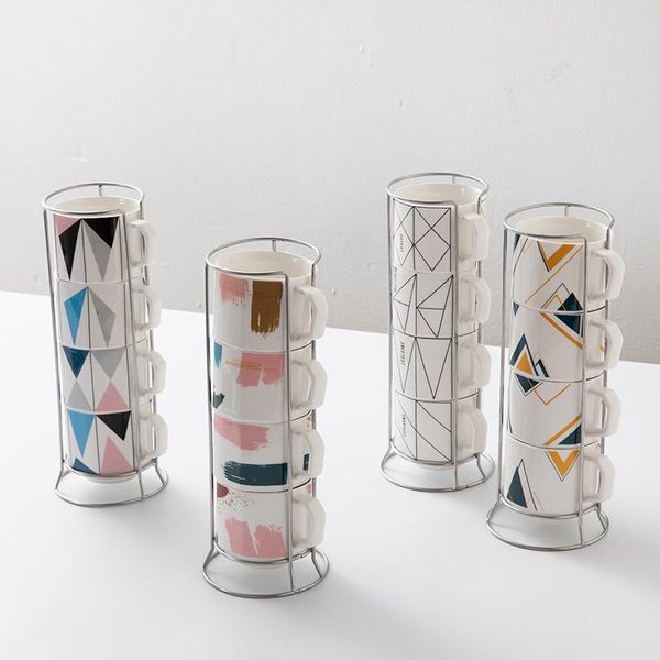 

korean creative simple household geometric ceramic mug personalized exquisite three-dimensional cup set with iron frame mugs