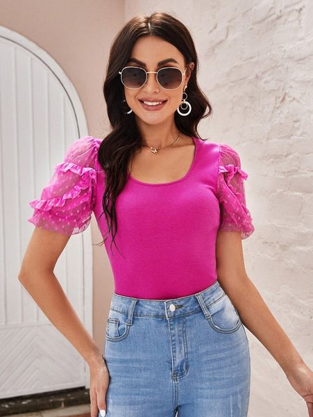 

solid mesh sleeve tee 78pq#, White
