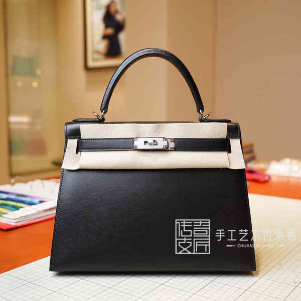 

designer handbags 2021 pure manual wax suture kellys bag box leather black kl28cm silver buckle single shoulder messenger bag bb