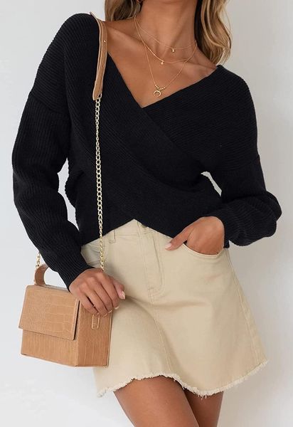 

women's sweaters women solid color sweater long sleeve deep v-neck knitted crop female long-sleeved pullover ,spring/ autumn/ winter, White;black