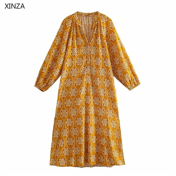 

casual dresses vintage print long summer women puff sleeve elegant button up loose pleat yellow midi kcop, Black;gray
