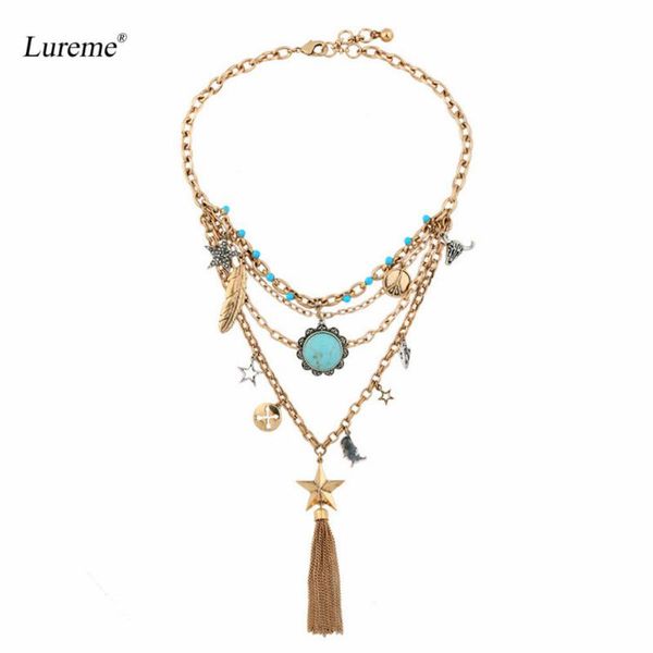 

pendant necklaces lureme boho vintage multilayer necklace with blue stone flower tassel star feather pendants (nl005815), Silver