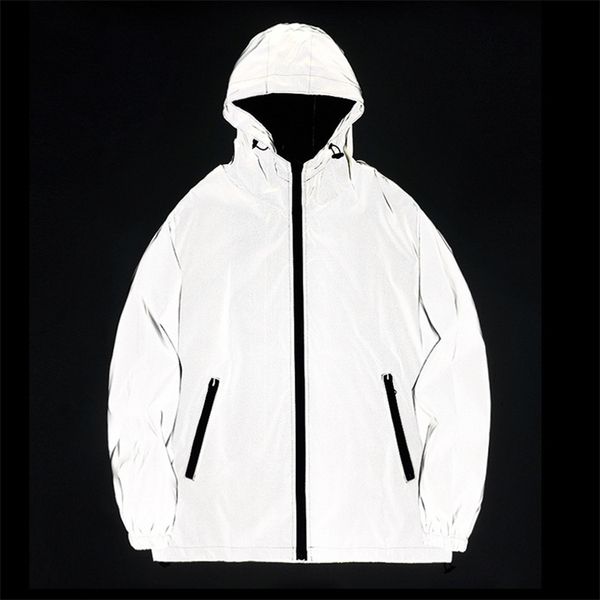 

hooded reflective jacket men harajuku windbreaker streetwear night flash couple s plus size 211217, Black;brown