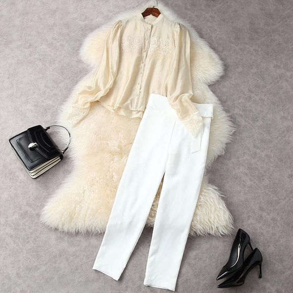 

women spring summer fashion clothing designer lace trim elegant shirts and white pants two piece set high waist pants suits