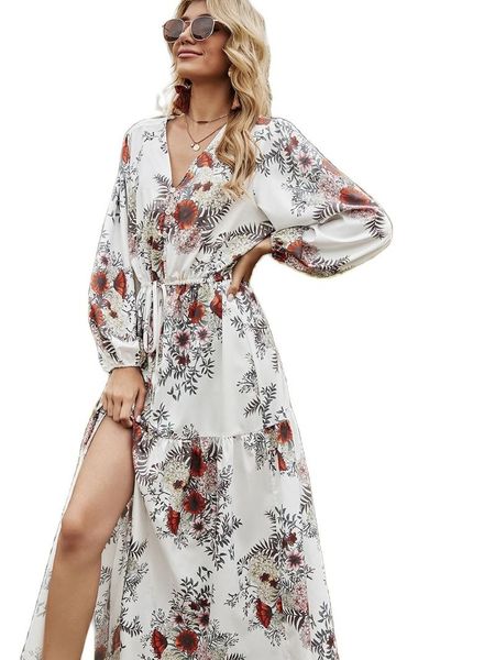 

casual dresses bohemian drawstring v-neck print spring 2021 dress women, Black;gray