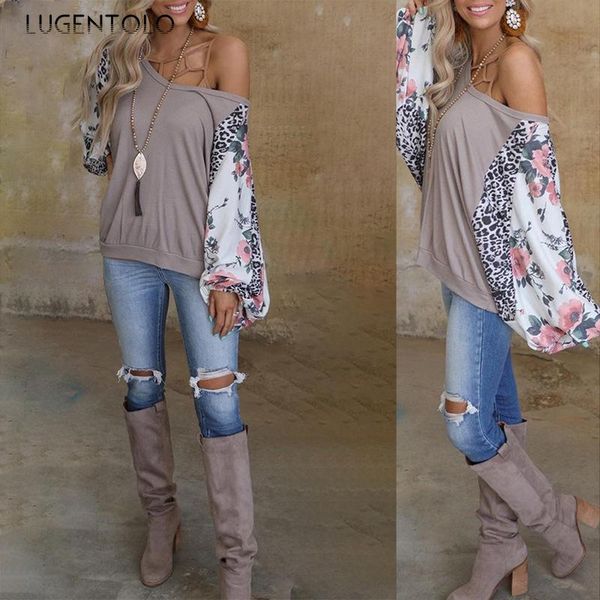 

long sleeve t-shirt women splicing loose casual o-neck flower print female spring summer street t-shirts lugentolo women's, White