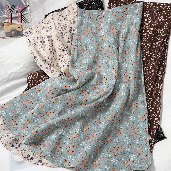 

skirts spring summer floral midi chiffon high waist long sweet casual flower printing women 2021 female streetwear, Black