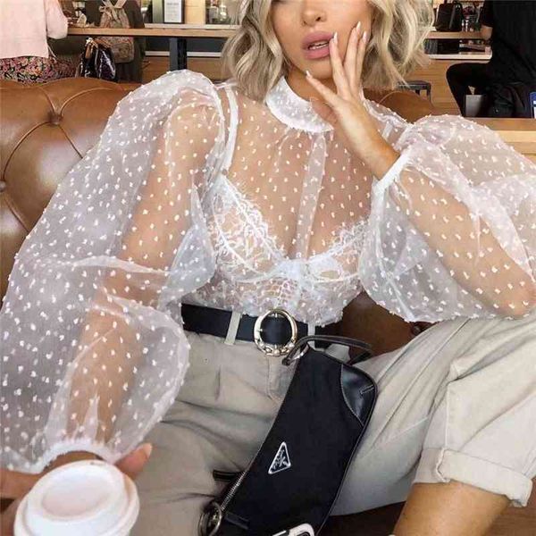 

women's knits & tees women polka dot puff sleeve shirts 2021 fashion ladies transparent gauze streetwear female chic sta, White