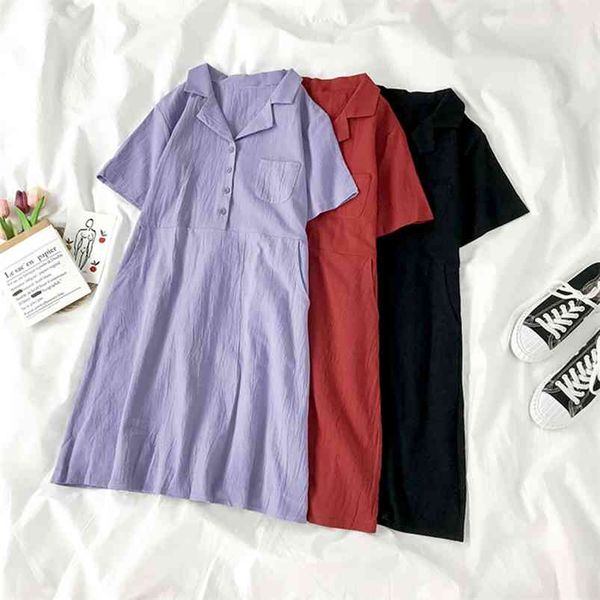 

summer women sweet button casual turndown collar short sleeve dress pockets relaxed high waist bandage 210430, Black;gray