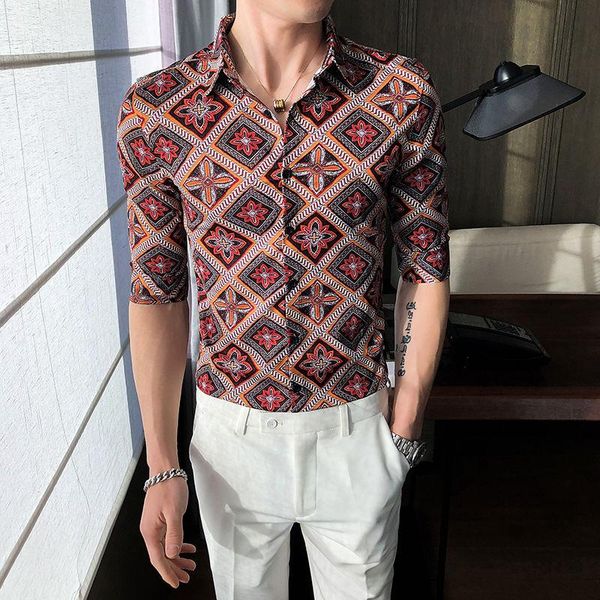 

men's casual shirts brand men shirt luxury grid print slim fit half sleeve dress clothes streetwear social blouse chemise homme, White;black