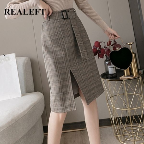 

vintage plaid women's skirts fashion high waist winter autumn split front pencil wrap midi with belt female 210428, Black