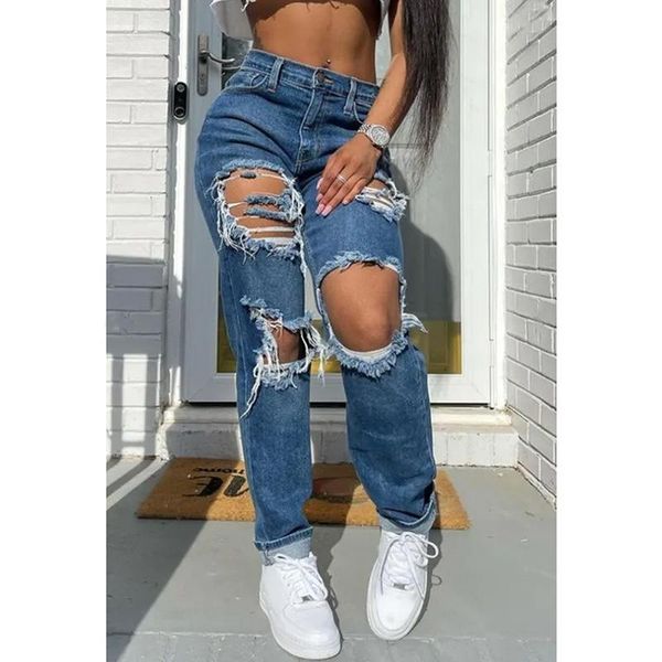 

women's jeans blue bleached ripped mid-waist street hipster denim women pants trousers holes straight casual fashion autumn