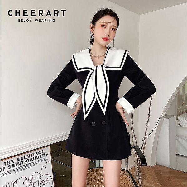 

sailor collar long sleeve korean dress women preppy style double-breasted black white mini spring fashion 210427, Black;gray