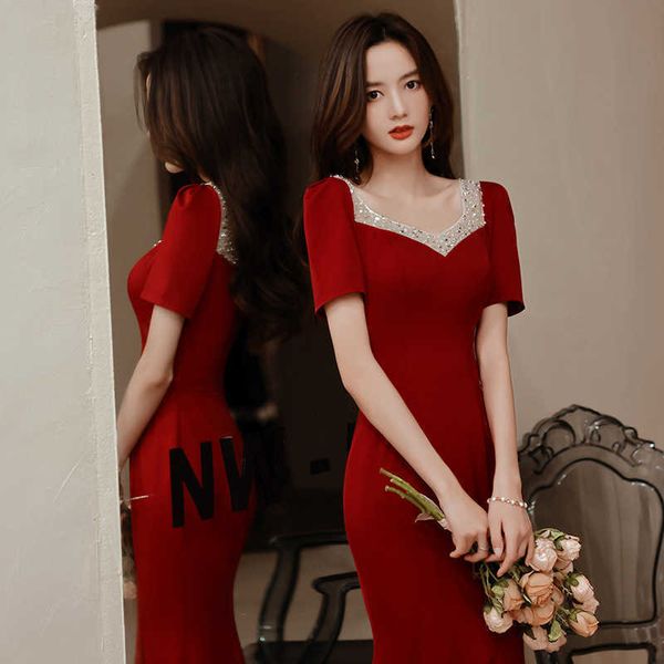 

luxury evening dress wedding banquet toast bride winter 2021 fashion door return wine red wedding evening fish tail slim fit, Black;gray