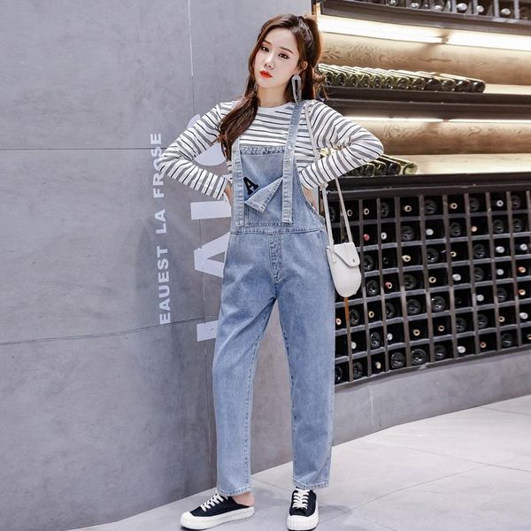 

style spring and autumn maternity jeans korean-style loose-fit slimming embroidered clothes cowboy suspender bottoms, White