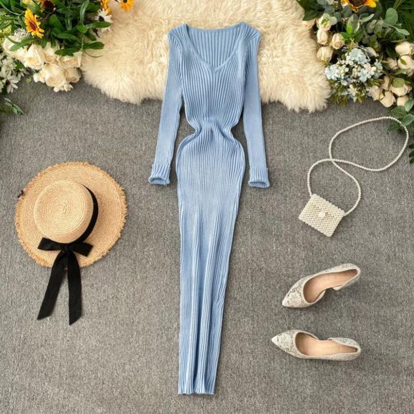 

autumn winter women v-neck sweater long sleeve elastic knitted dress female bodycon ladies dresses vestidos casual, Black;gray