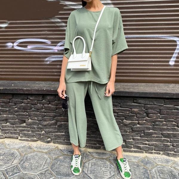 

summer khaki women set loose short sleeve shirt and long wide leg pants two piece seta beach home casual outfit suits 210521, White