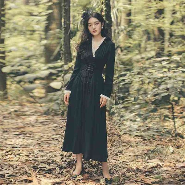 

yosimi black long dress women v-neck midi sleeve vintage es fit and flare bandage vestidos verano spring 210603, Black;gray