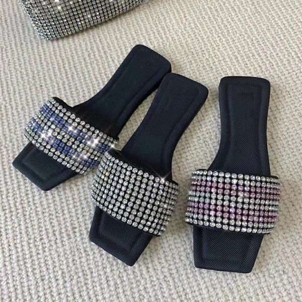 

sandals 2021 women lady flats slip on shoes crystal rhinestone luxury designers brand summer slide slippers loafer flip flop, Black