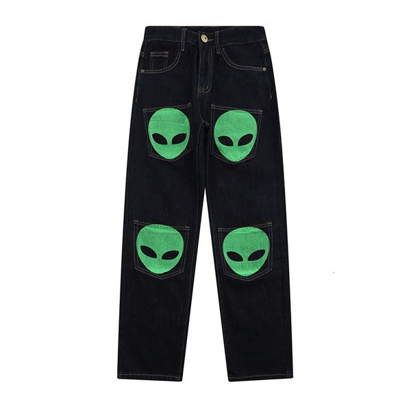 

men's jeans harajuu patterned alien washed male jeans streetwear big casual loose retro-style vibrating pair pants xfde, Blue