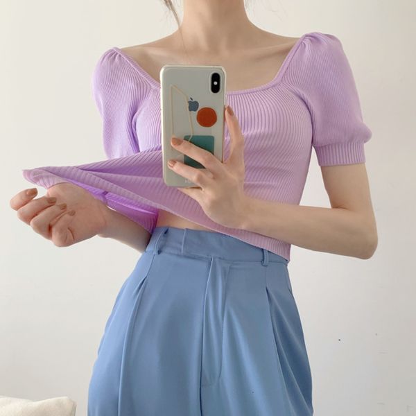 

women's t-shirt vintage square collar puff sleeve women knitted solid color short slim woman t-shirts female fashion crop top, White