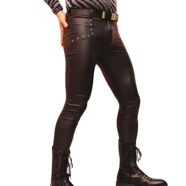 

mens convex pouch pu tight pencil pants bar clubwear faux leather skinny leggings male motorcycle spodnie fashion streetwear, Black