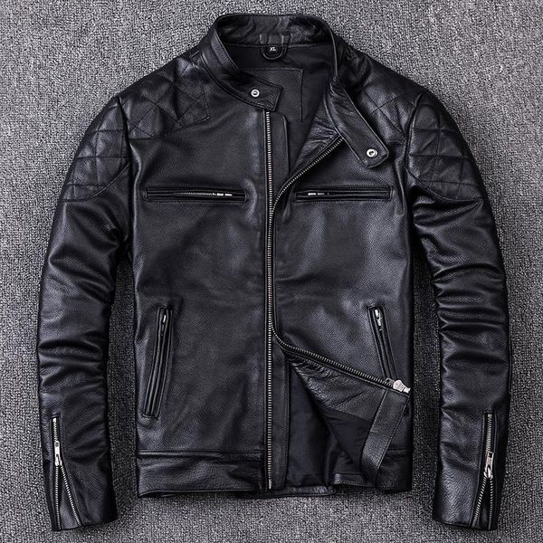 

men's leather & faux 2021 autumn winter motor style cowhide genuine jacket fashion men casual slim fit coat street biker e236, Black