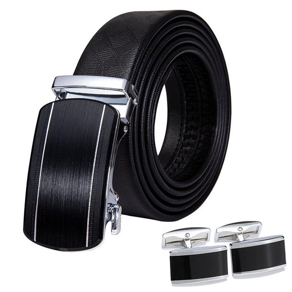 

hi-tie luxury set belt and cufflinks for men designer classic men's genuine leather automatic black belts, Black;brown