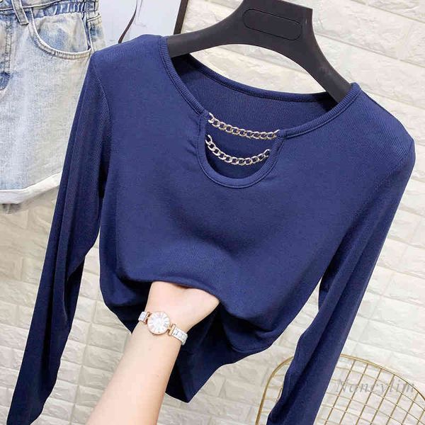 

t shirt chain round neck tshirt women long sleeve thread cotton shirt women's autumn slim-fit elastic t-shirt female all-match, White