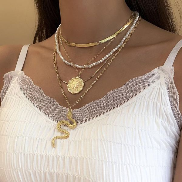 

pendant necklaces layered gold snake chain necklace for women statement coin imitation pearl choker charm vintage jewelry, Silver