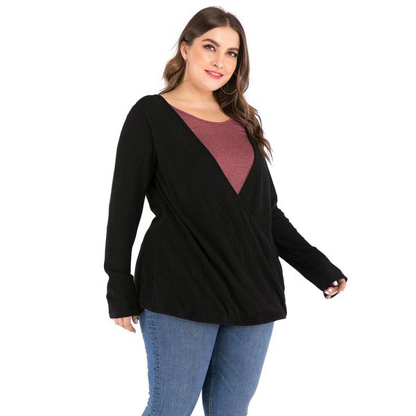

plus size t-shirt long-sleeved fake two piece 2021 fashion europe and america casual black