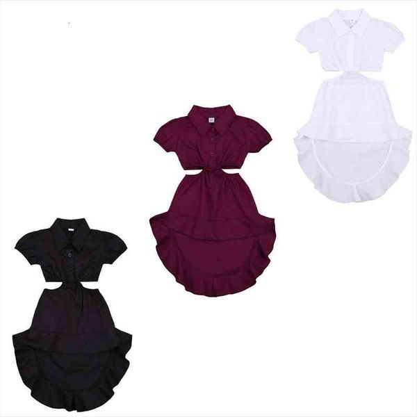 

girls solid color shirt dress short sleeve shirt hollowed waist asymmetrical hem skirt for summer 1-6 years, White