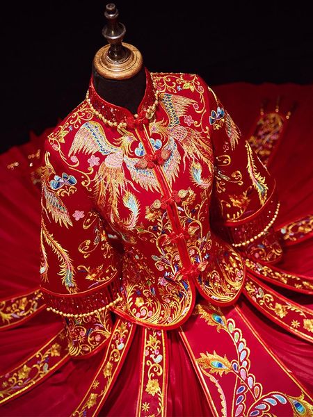 

phoenix embroidery cheongsam chinese style wedding dress exquisite marriage set handmade beads bride costume big size 3xl 4xl ethnic clothin, Red