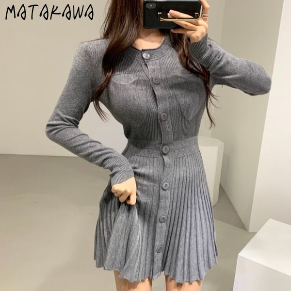 

matakawa french temperament ladies waist thin short pleated women dress autumn korean wind knitted sweater dresses 210513, Black;gray
